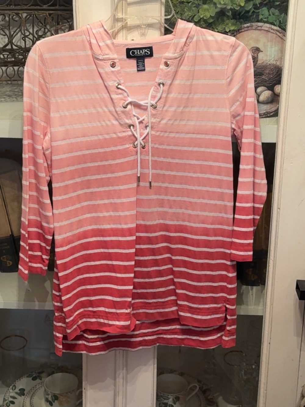 Chaps Pink Ombre Lace-Up Striped Long Sleeve Top